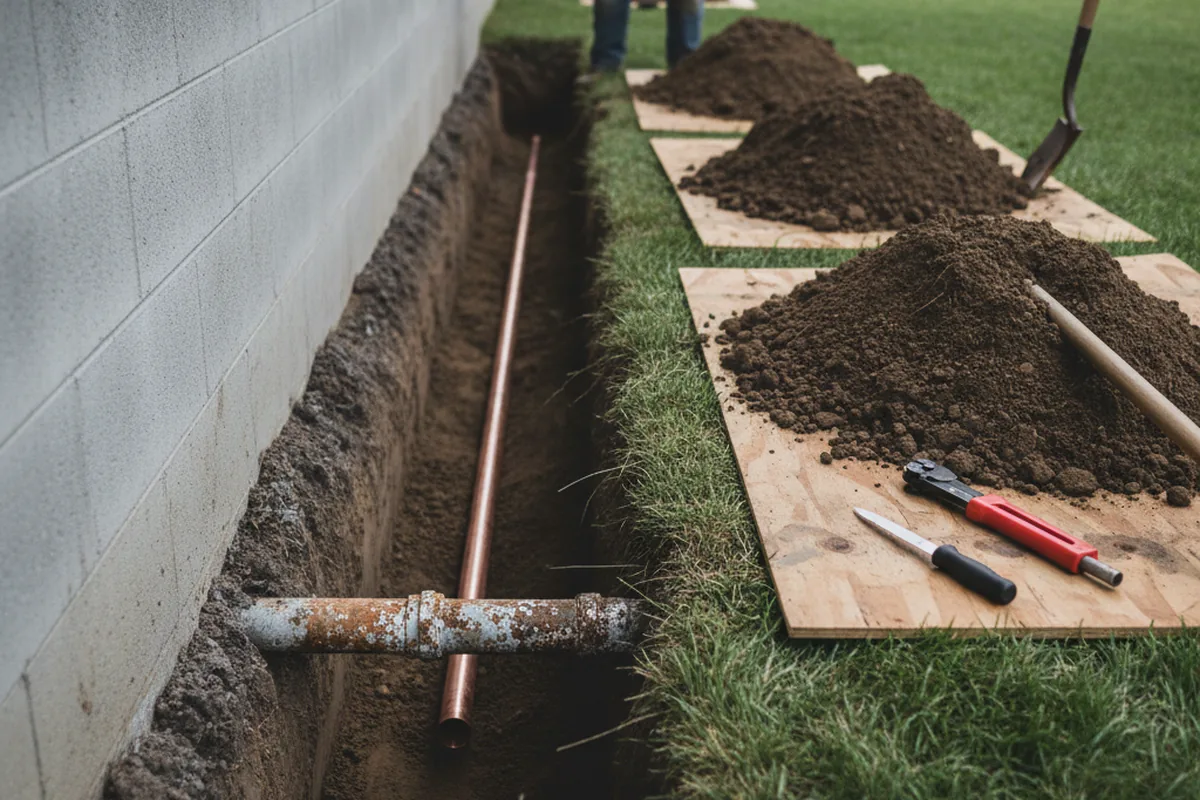 Excavated water line trench during Water Heater Repair in Wales